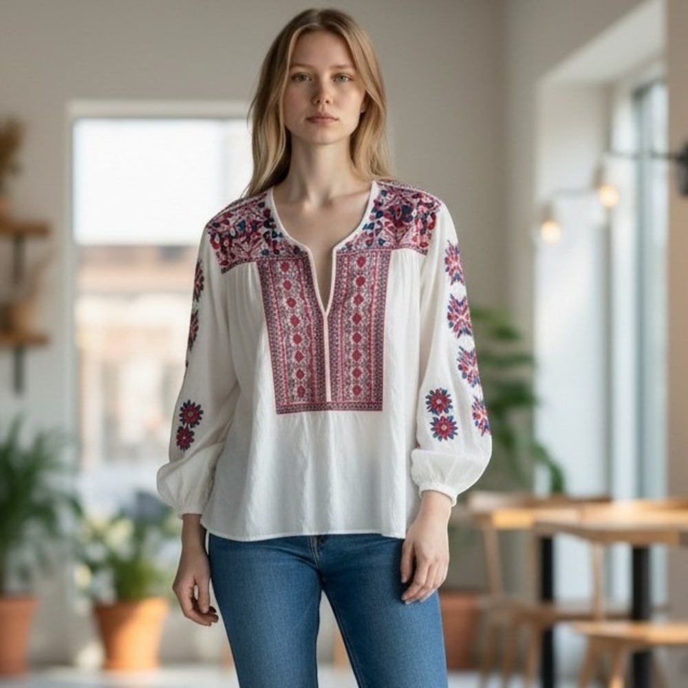 Antik Batik Embroidered Peasant Blouse Womens XS White Boho Viscose Top